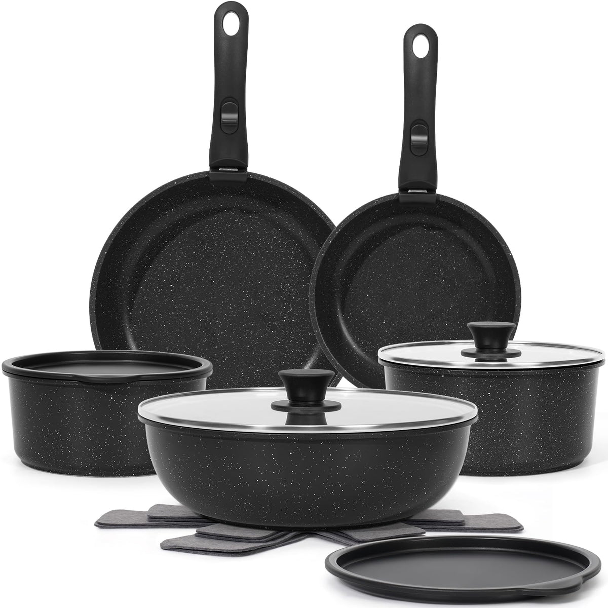 SODAY 15-piece pots and pans set with removable handles for easy storage.