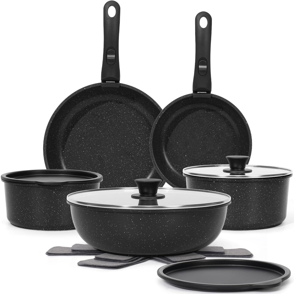 SODAY 15-piece pots and pans set with removable handles for easy storage.