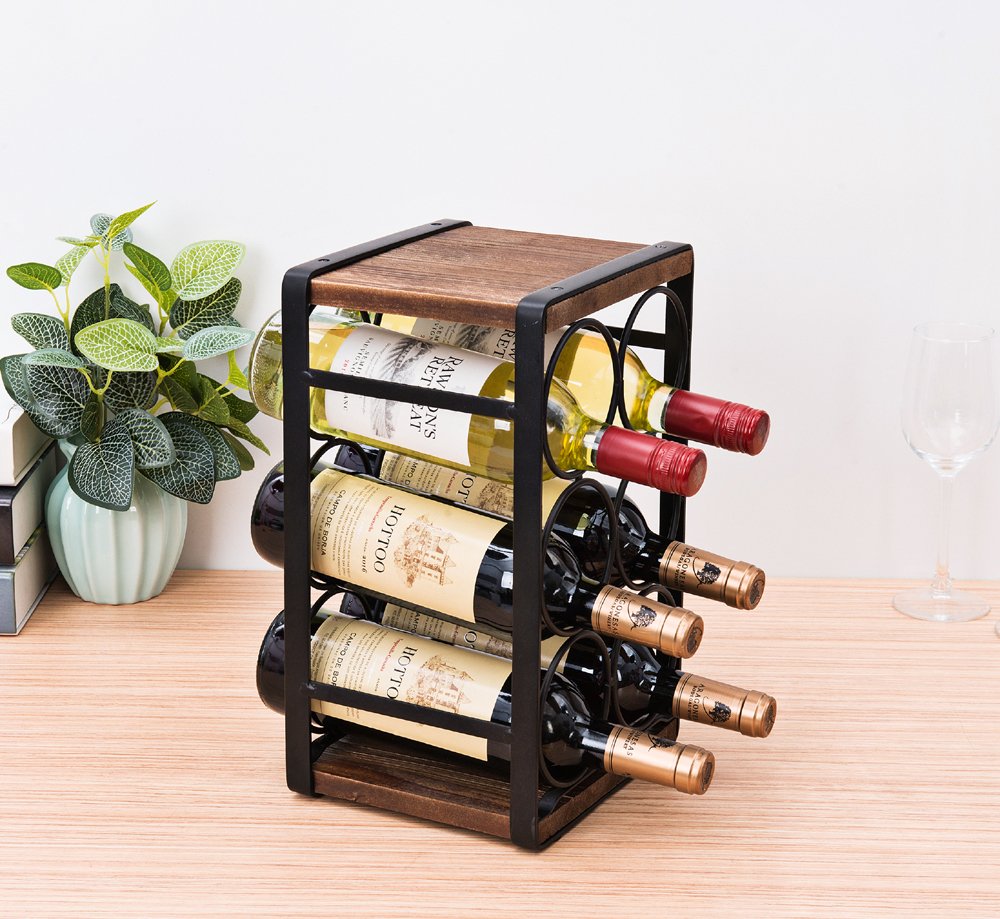 SODUKU Rustic Wood Countertop Wine Rack on kitchen counter, stylish wine display.