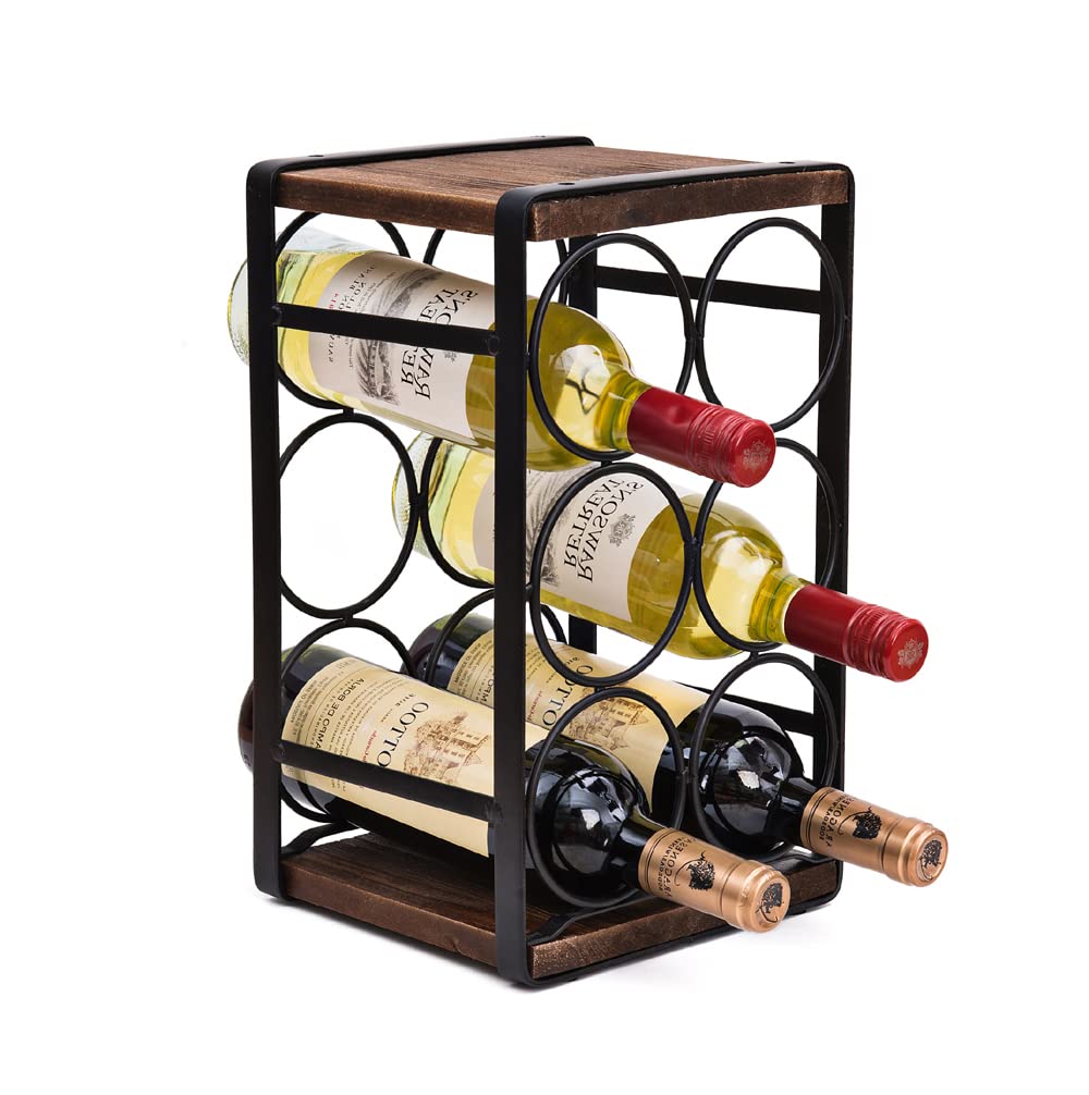 SODUKU Rustic Wood Countertop Wine Rack front view displaying six bottles.