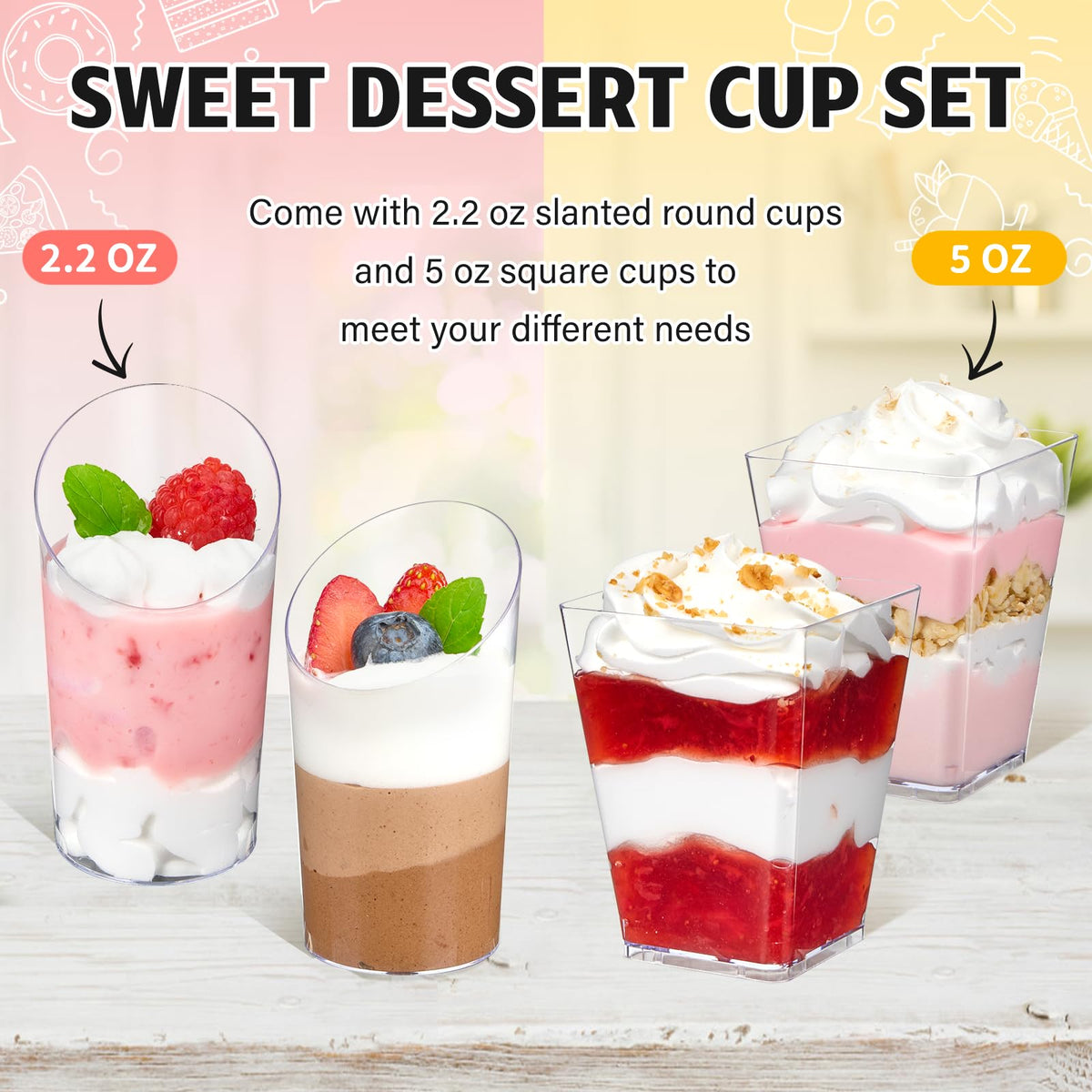 Soelomu clear spoons accompany cups for easy serving and sanitary dessert portions.