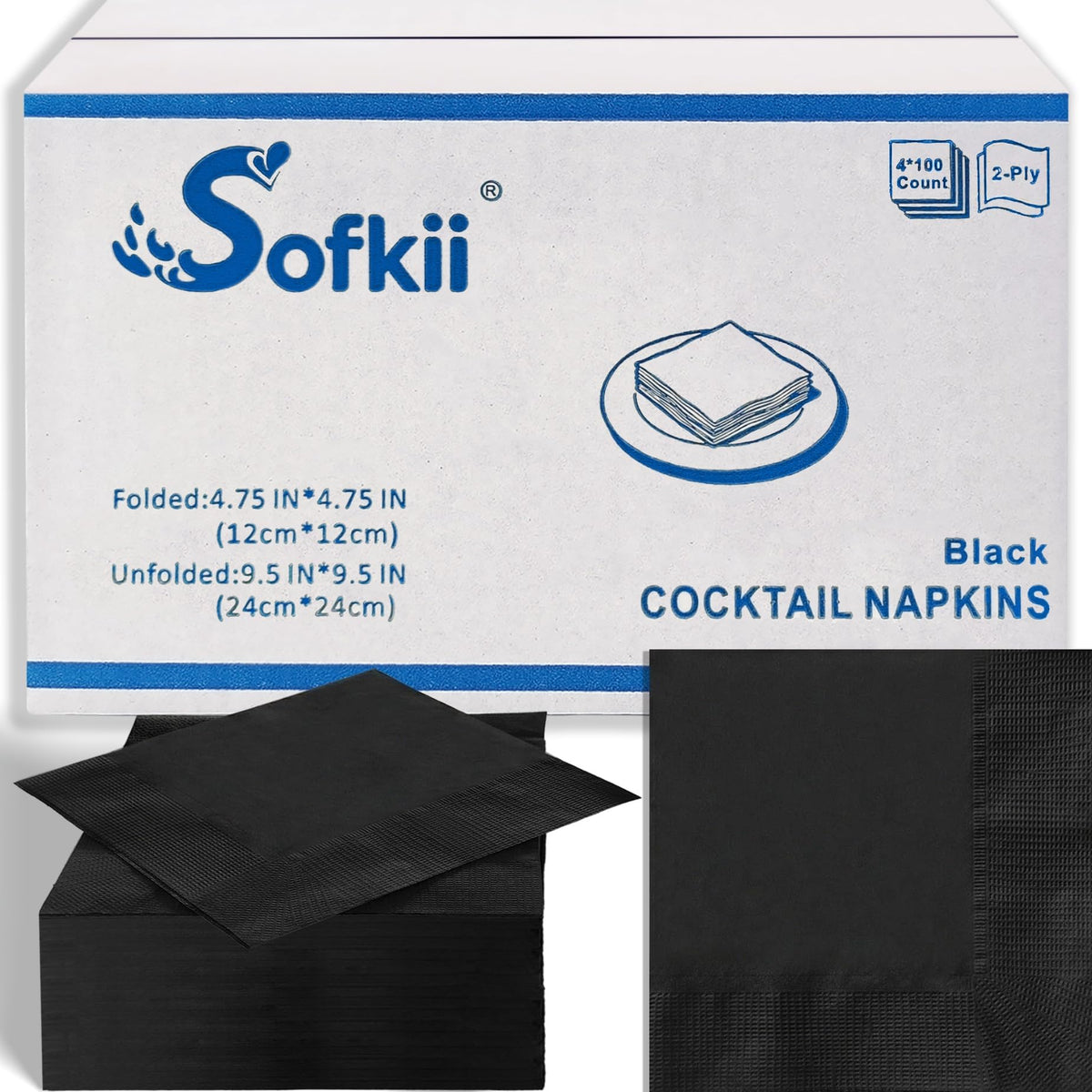 Sofkii 400-count black cocktail napkins pack, ideal for bulk party supplies.