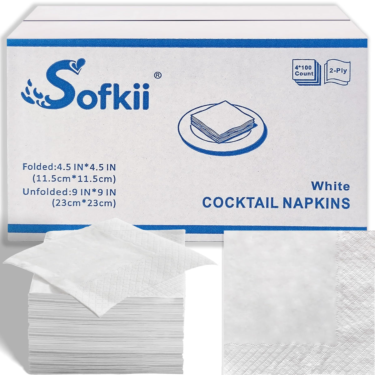 Sofkii 400-count white cocktail napkins, 4.5x4.5 inches, ideal for dinners and events.