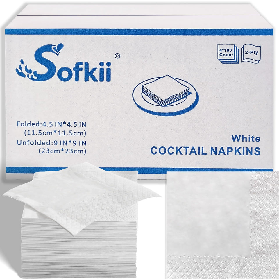 Sofkii 400-count white cocktail napkins, 4.5x4.5 inches, ideal for dinners and events.