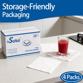 Sofkii folded napkins show 4.5x4.5 inch size, easy glass-stem wrapping.