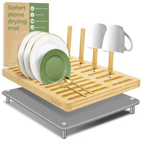Sofort stone drying mat on counter demonstrates rapid moisture absorption and fast air drying