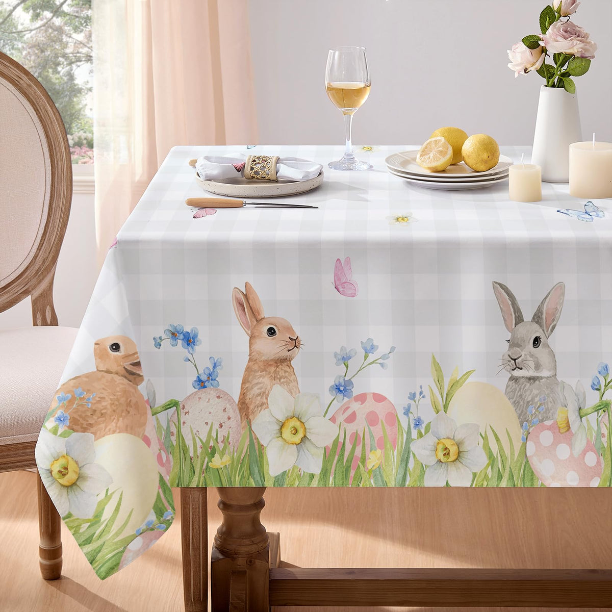 Softalker bunny eggs Easter tablecloth featuring playful motifs for festive table décor.