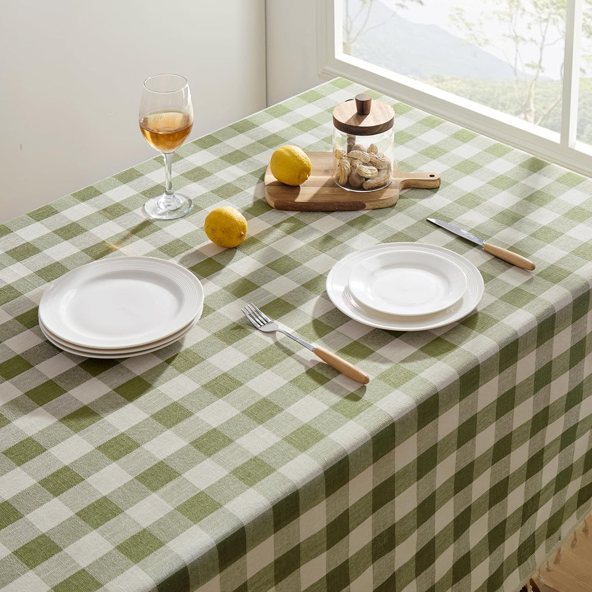 Softalker linen cotton tablecloth in green plaid offers wrinkle-free dining