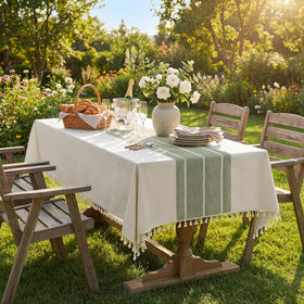 Softalker Sage Lines tablecloth showcasing easy care and durable tassels