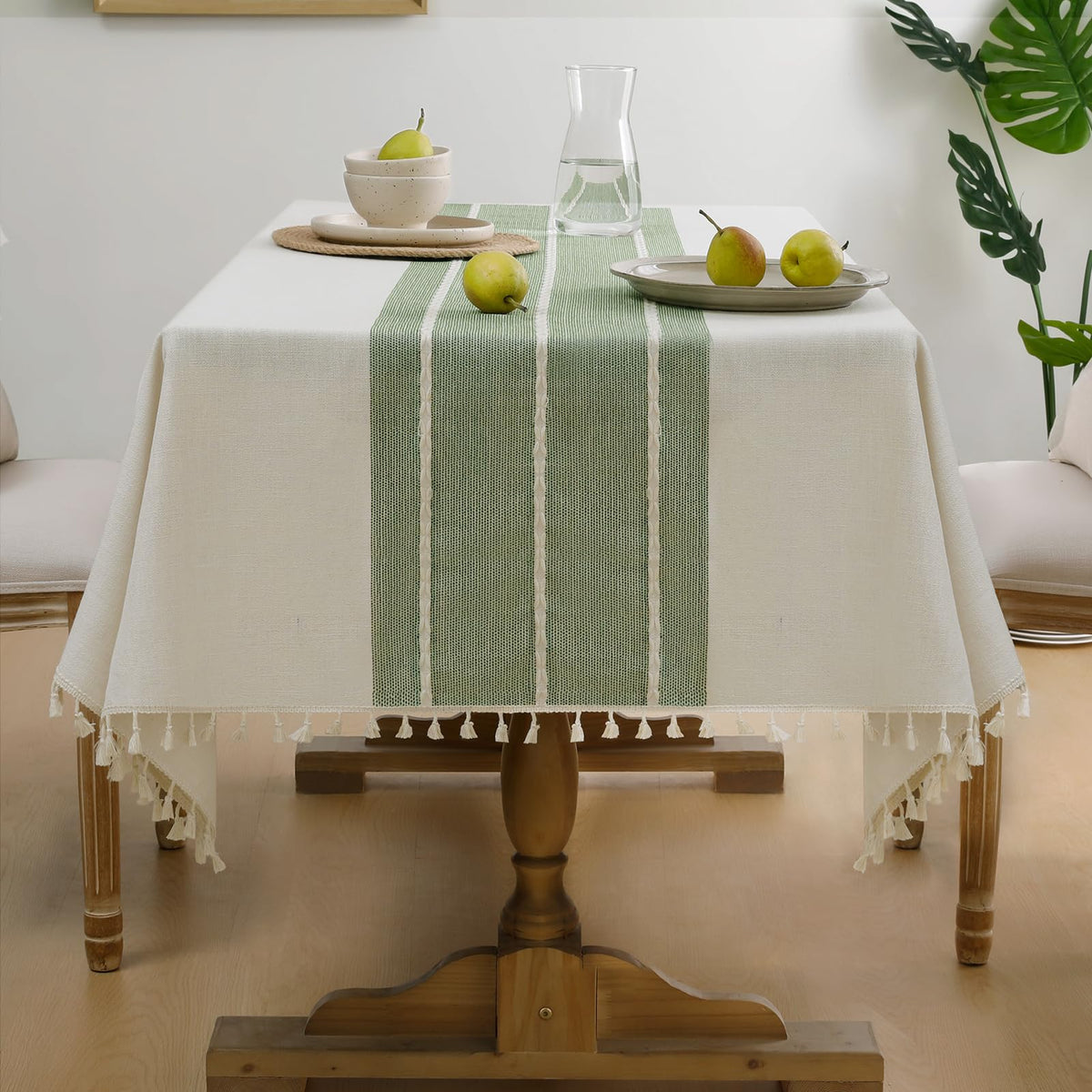 Softalker Sage Lines outdoor tablecloth on a rectangular table for patio dining