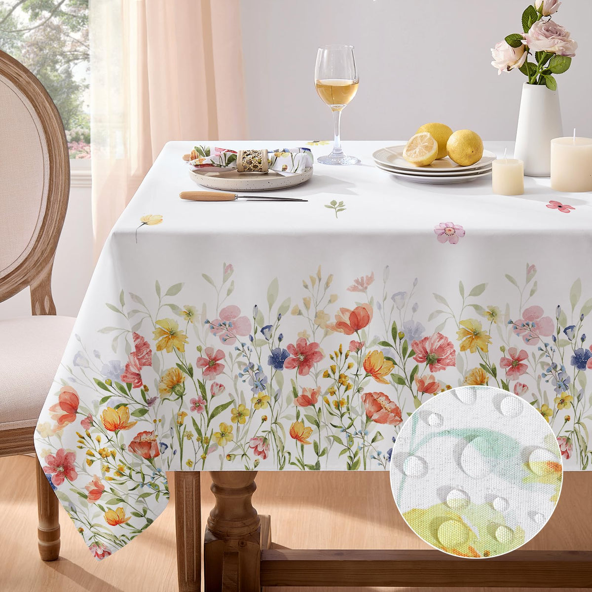 Softalker outdoor tablecloth with wildflower pattern for spring outdoor dining.