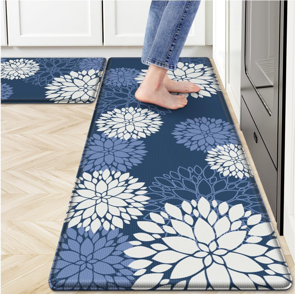 SofterCharm 47-inch blue kitchen mat provides anti-fatigue comfort for long cooking sessions.
