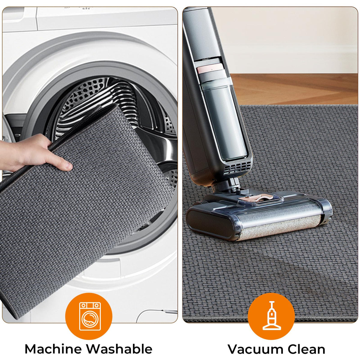SofterCharm durable rug with reinforced edges, grey, keeps shape after washing.