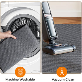 SofterCharm durable rug with reinforced edges, grey, keeps shape after washing.
