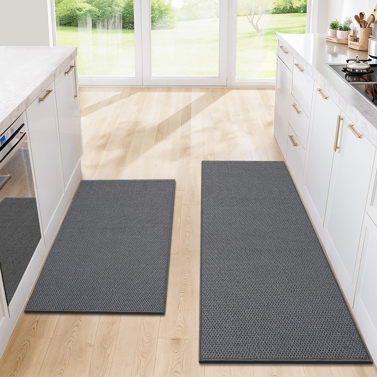 SofterCharm kitchen rug in front of sink, grey 20x32, absorbent and comfortable underfoot.