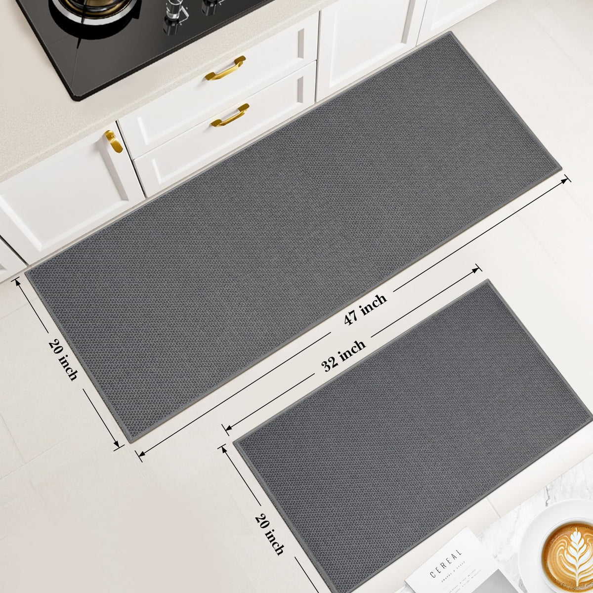 SofterCharm kitchen rug in front of sink, grey 20x47, plush cushioning for long tasks.