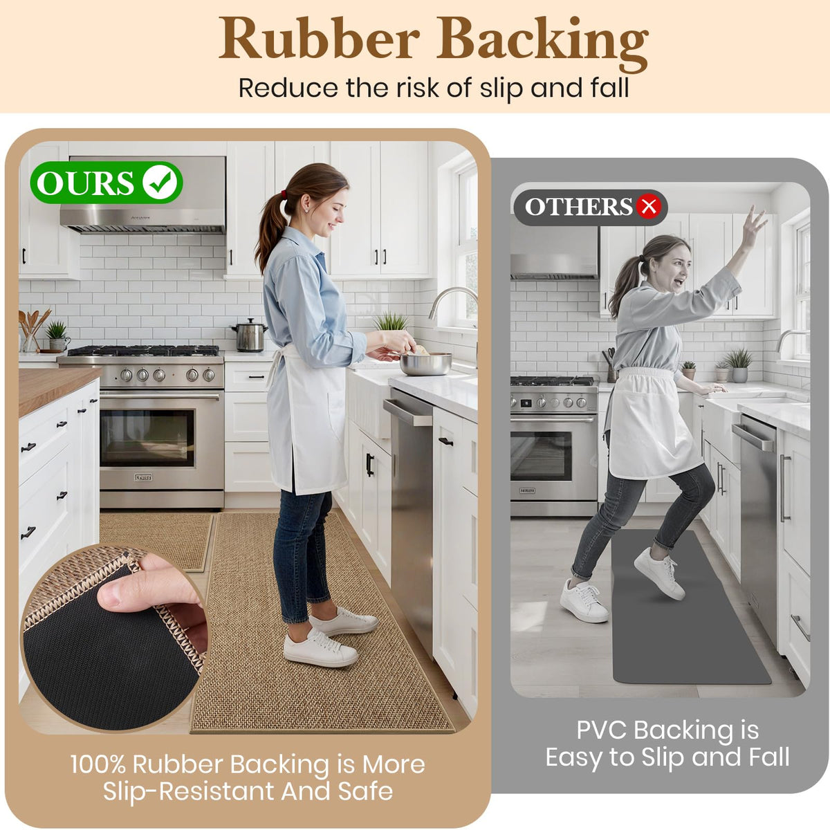 SofterCharm non-slip rubber backing keeps mats securely in place on smooth floors.