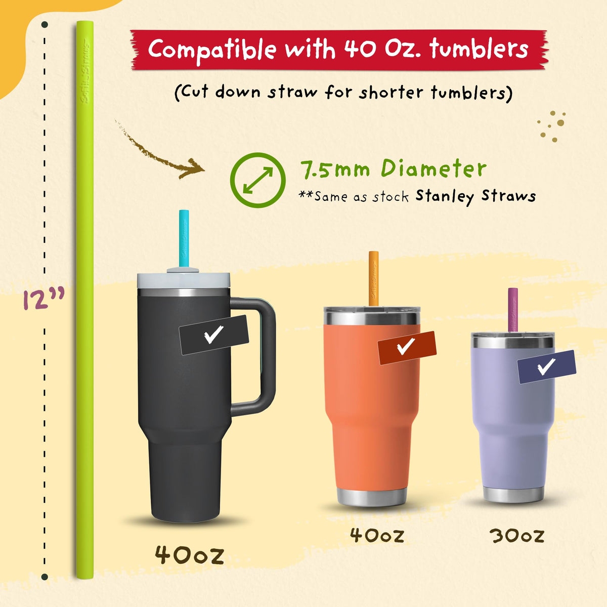Softy Straws 12-inch Simple Modern Quencher straw, durable silicone for kid-friendly sipping.