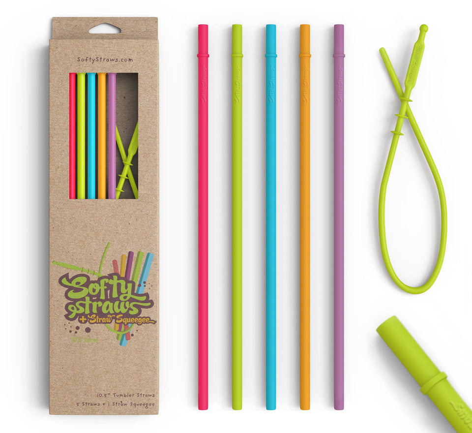 Softy Straws long silicone straw with stopper fits tall tumblers for smooth sipping.