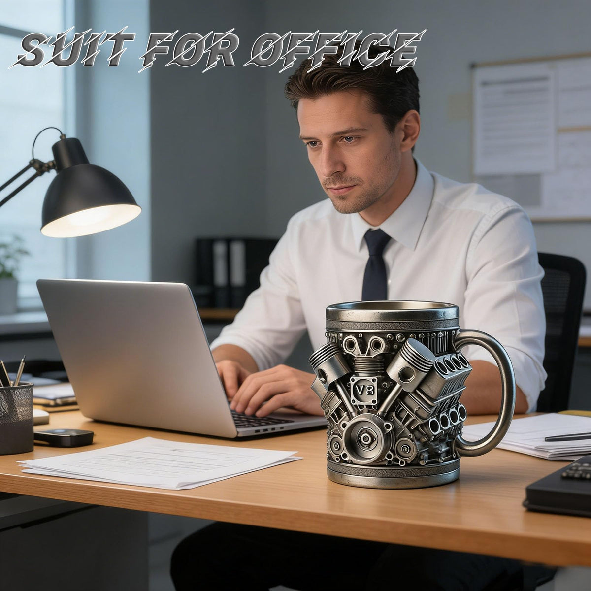SoFuzijia V8 mug in office setting complements a car enthusiast workspace.