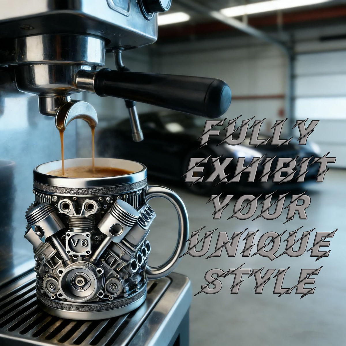 SoFuzijia V8 mug retro finish offers a vintage automotive appeal.