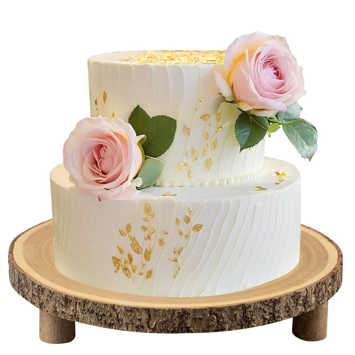 SogYupk rustic wood cake stand surface with bark edge for woodland weddings.