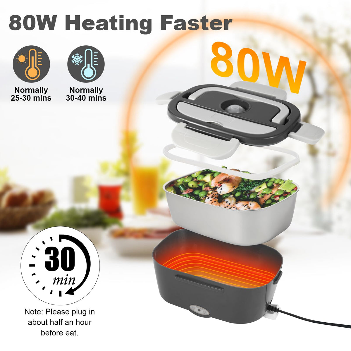 SOHIDA lunch box 80w-heater shows quick heating in minutes.