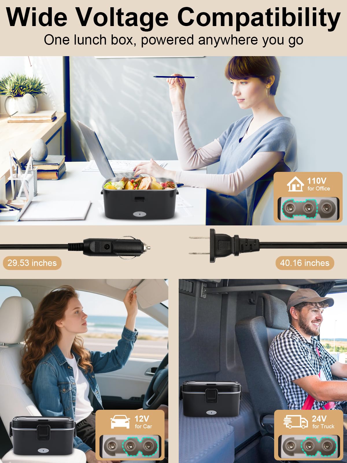 SOHIDA heated lunch box illustrating flexible power setup for cars and offices.