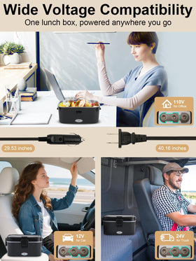 SOHIDA heated lunch box illustrating flexible power setup for cars and offices.