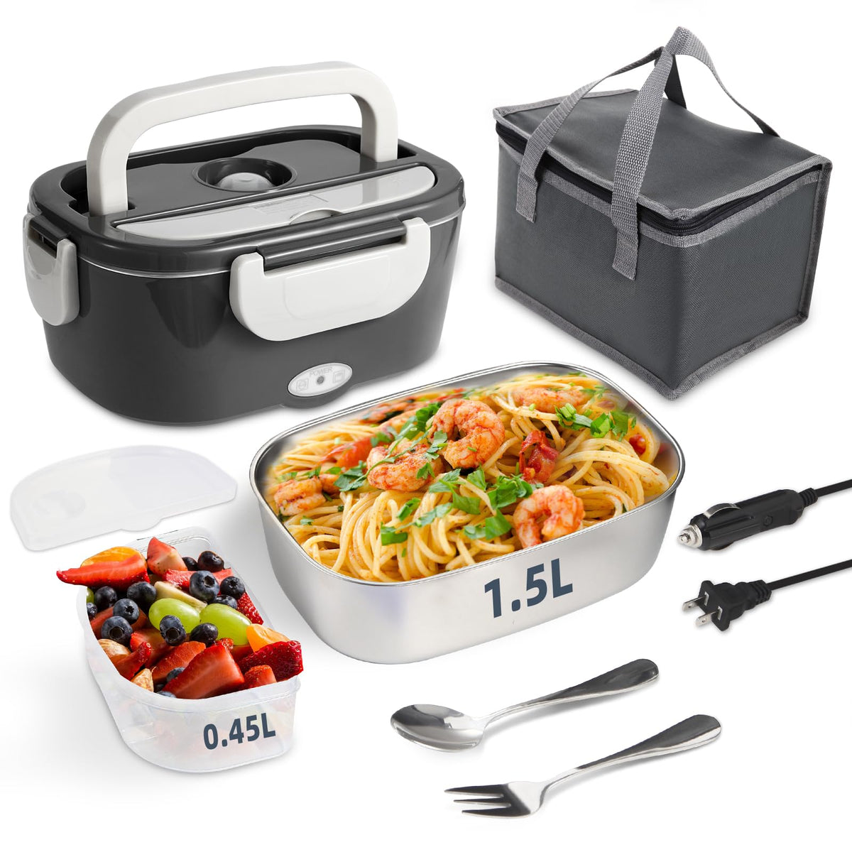 SOHIDA lunch box heat-setup demonstrates universal voltage compatibility for car, office, or home use.