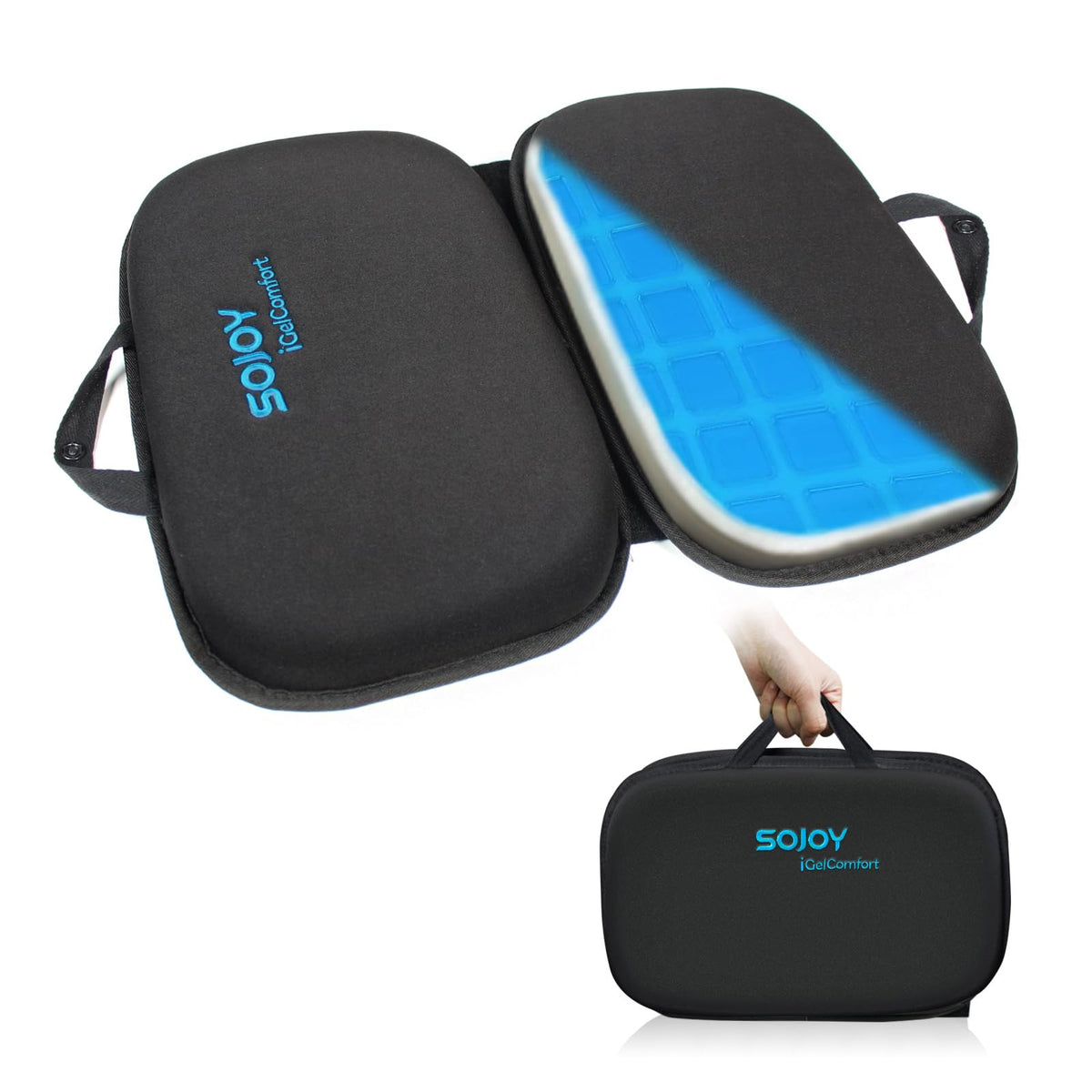Sojoy iGelComfort foldable cushion top view showing travel-friendly design for comfort