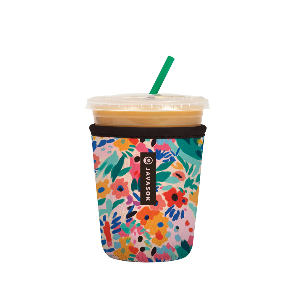 Sok It JavaSok abstract floral sleeve fits 16–20oz cups and keeps drinks colder longer.