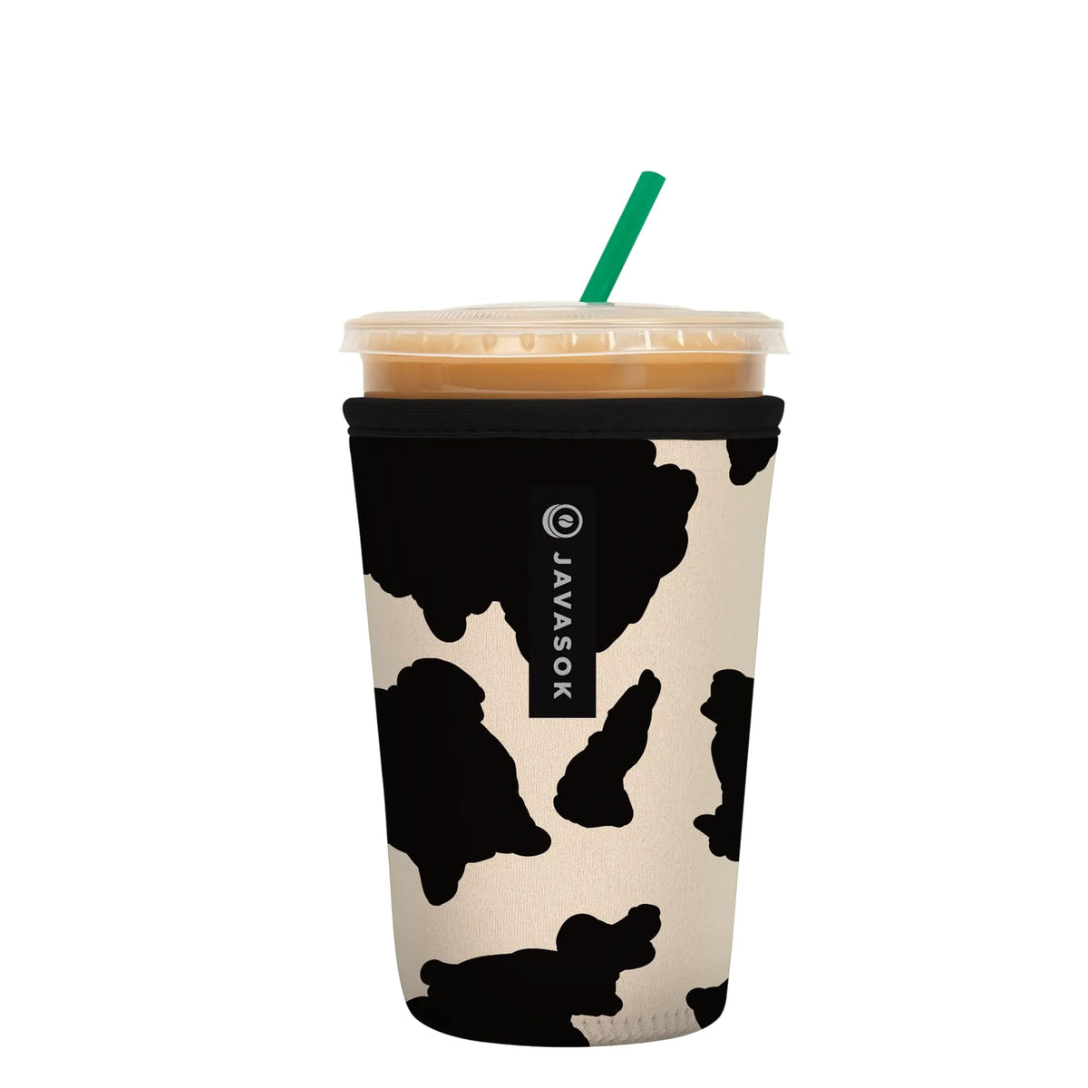 Sok It JavaSok cow-print sleeve close-up showing durable neoprene and reinforced stitching.