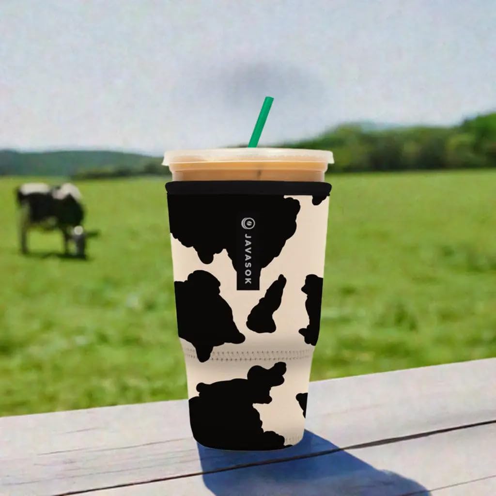 Sok It JavaSok cow-print sleeve folded for compact storage in a bag.