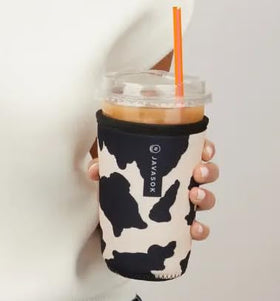 Sok It JavaSok cow-print sleeve on a cup keeps drinks cold and hands dry.