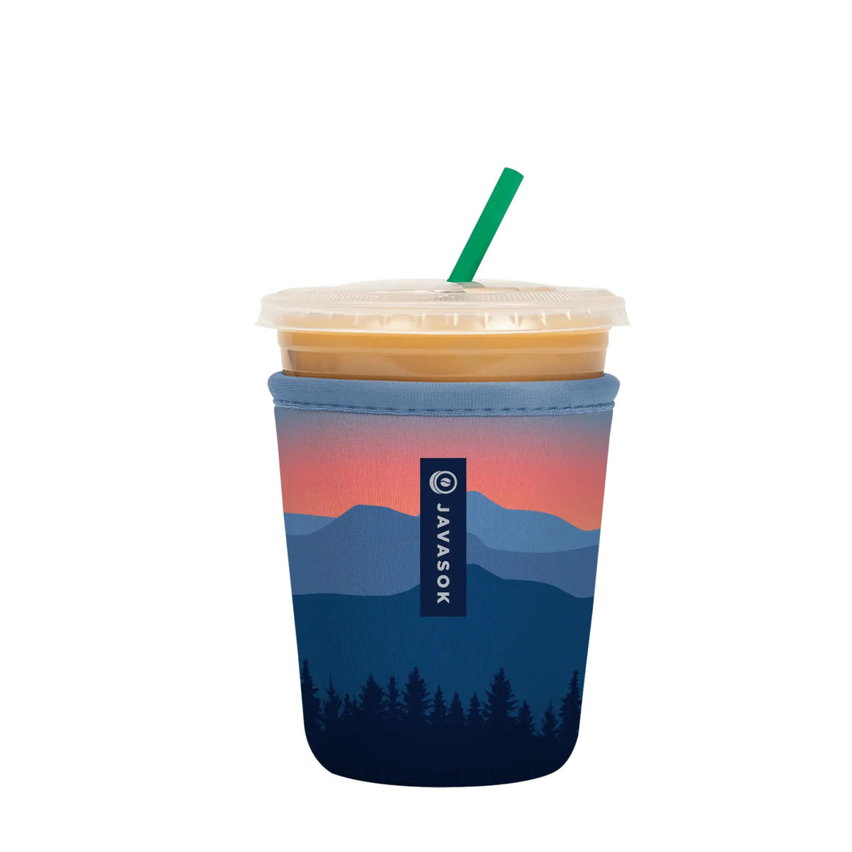 Sok It JavaSok iced coffee sleeve on blue ridge cup keeps drinks cold and hands dry