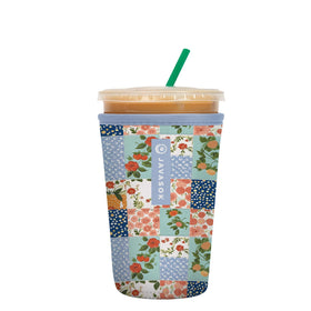 Sok It JavaSok insulated sleeve around iced coffee in Garden Quilt keeps drink cold and hands dry.