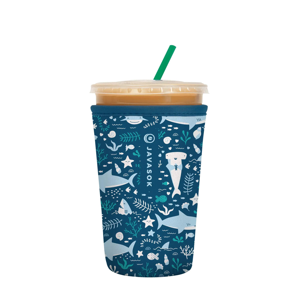 Sok It JavaSok sleeve on iced coffee cup, travel-friendly design highlighted