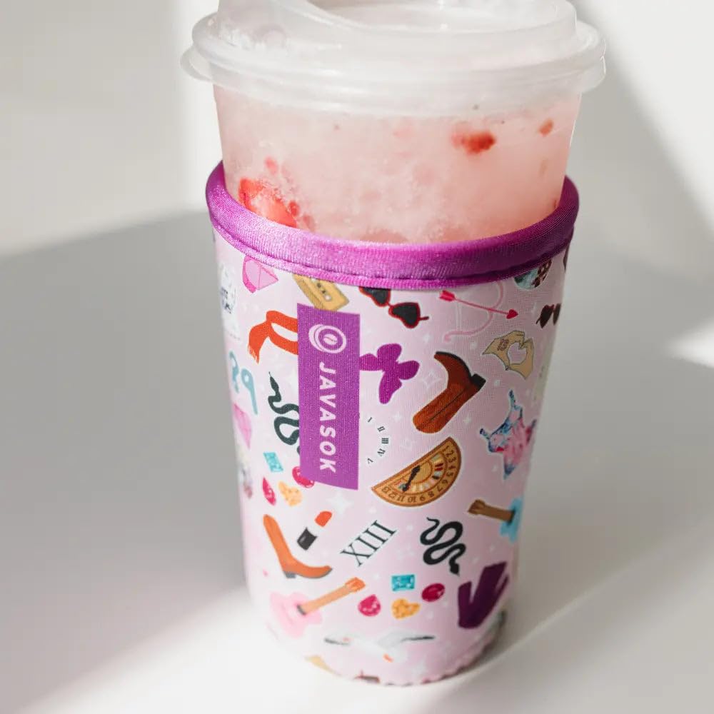 Sok It JavaSok on-tour insulated sleeve on cup keeps drinks cold and hands comfortable.
