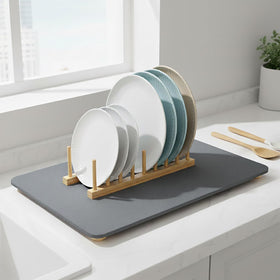 SolaVelle Stone Drying Mat with Bamboo Rack enables vertical plate drying for an organized counter