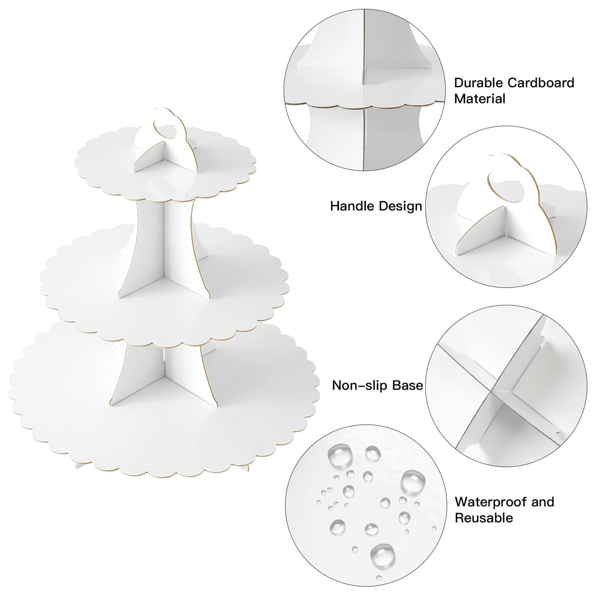 Soleebee 3-tier cupcake stand white with non-slip base for stable serving.