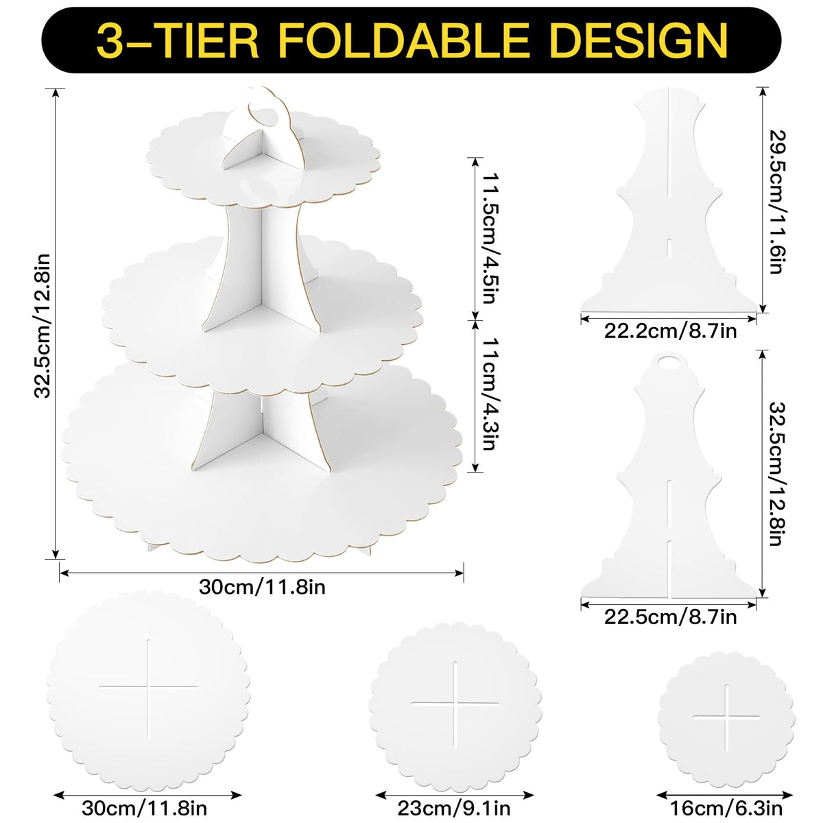 Soleebee 3-tier cupcake stand white side view on a table centerpiece.