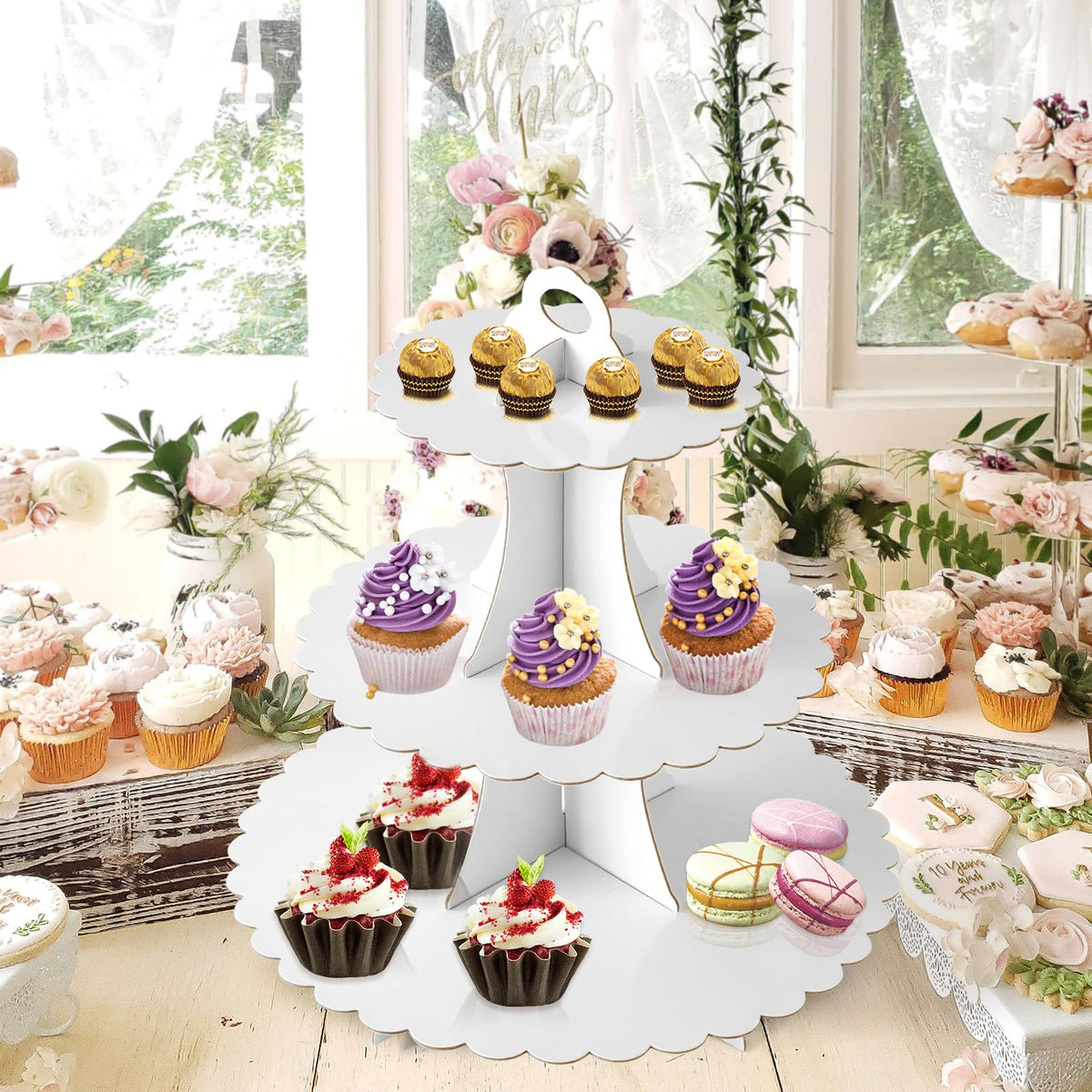 Soleebee white cupcake stand used as party decor for weddings.