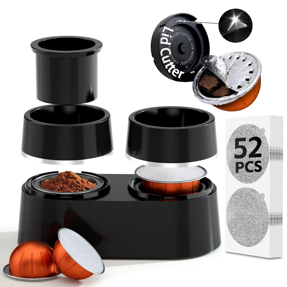 SOLIDATOR Vertuo dual-pod kit with integrated funnel and tamper for quick refills