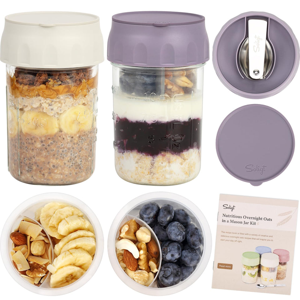 SOLIGT 2-pack overnight oats containers with folding spoon in lid for on-the-go meals.