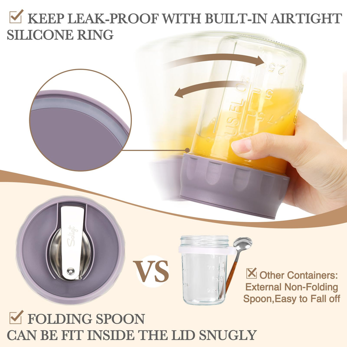 SOLIGT BPA-free lid with removable top seals securely and reduces leaks.