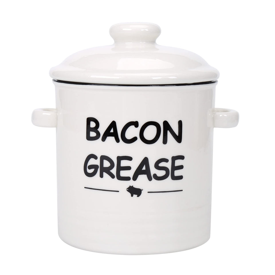 SOLIGT ceramic bacon grease container with strainer on counter keeps fat clean for cooking.