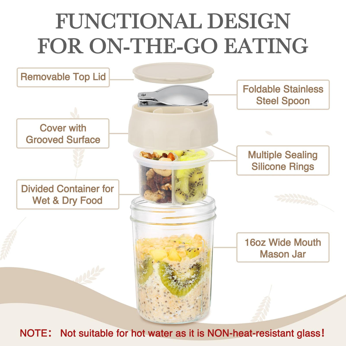 Divided compartment keeps fruit and nuts separate until ready to mix.