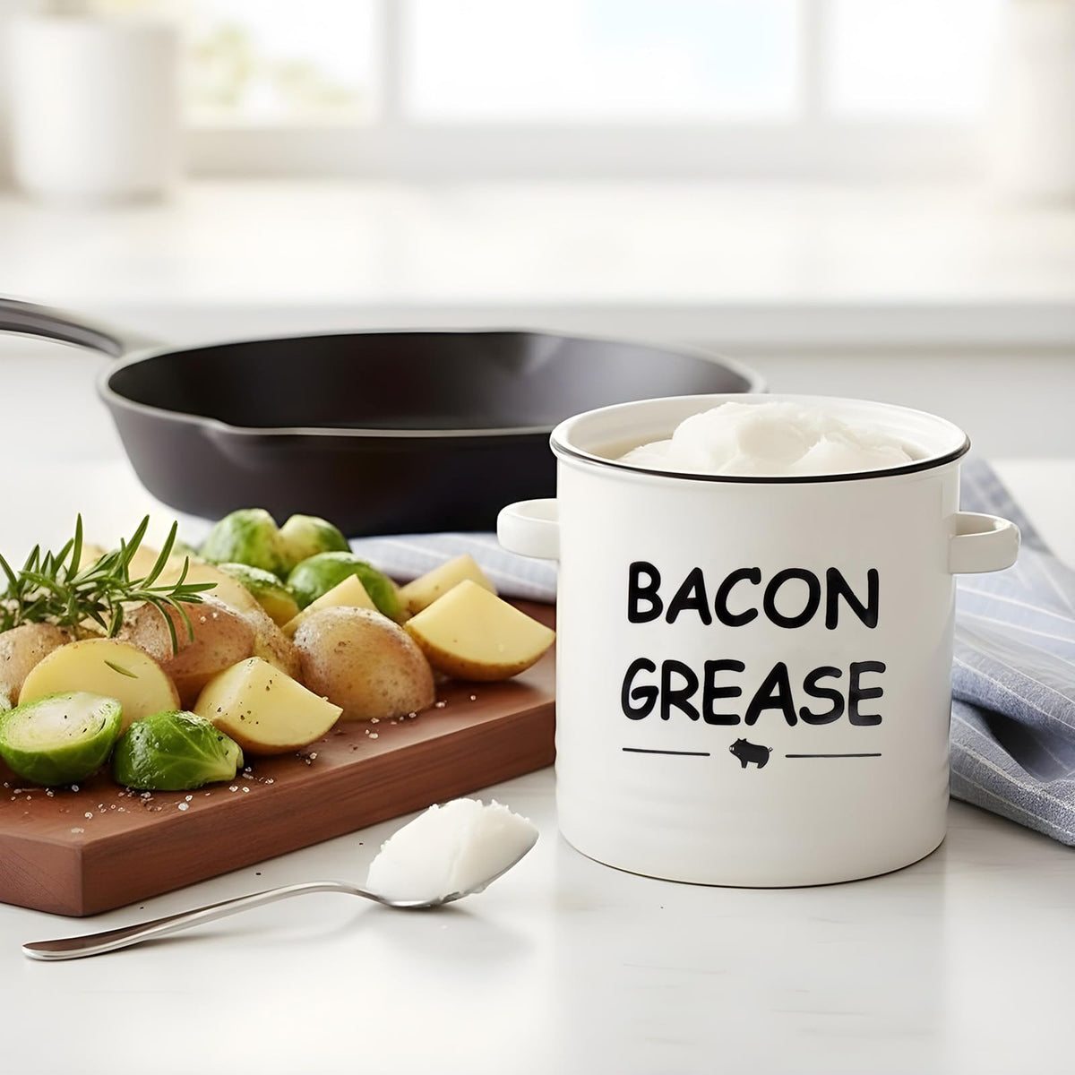 SOLIGT farmhouse-design cream white grease container complements decor while storing grease safely.