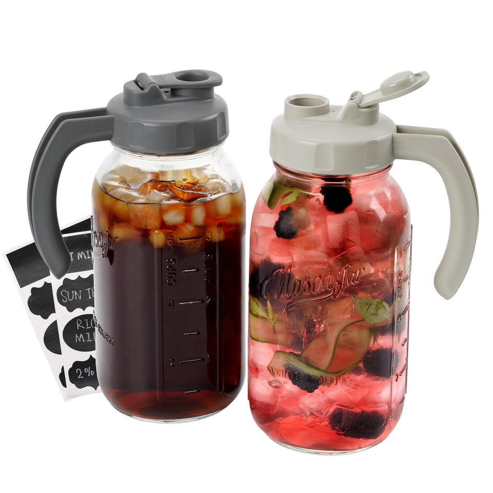 Soligt glass mason jar pitcher 64oz with dark gray lid, ideal for iced coffee.